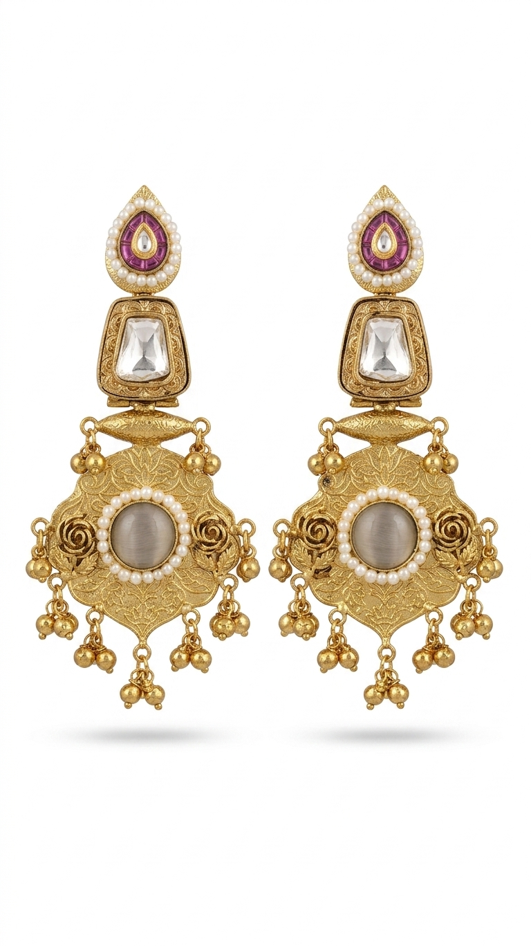 Pearl and Lavender Stone Kashmiri Earrings with Antique Gold Engraving for Elegant Traditional Festive Statement Jewelry Styling