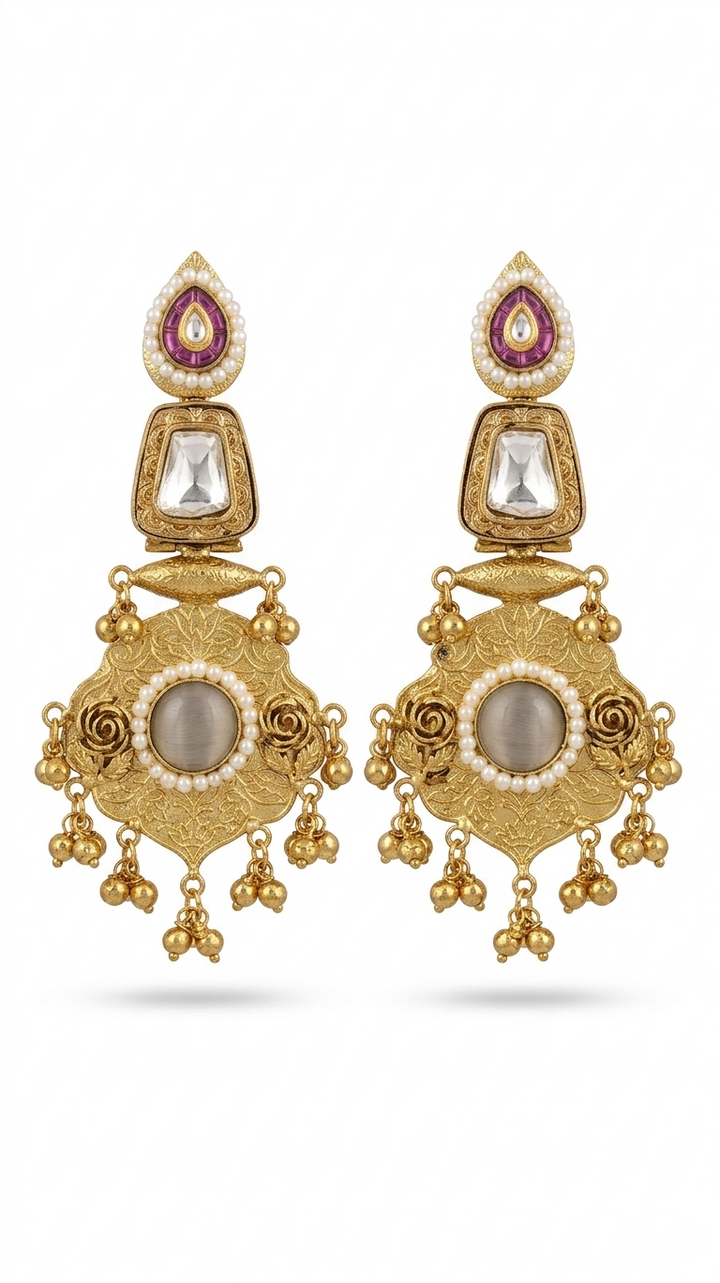 Pearl and Lavender Stone Kashmiri Earrings with Antique Gold Engraving for Elegant Traditional Festive Statement Jewelry Styling