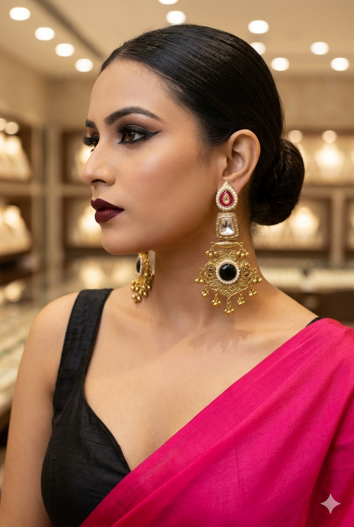 Black Stone Kashmiri Earrings with Pearl Detailing and Antique Gold Engraved Finish for Elegant Festive Ethnic Glamour Styling