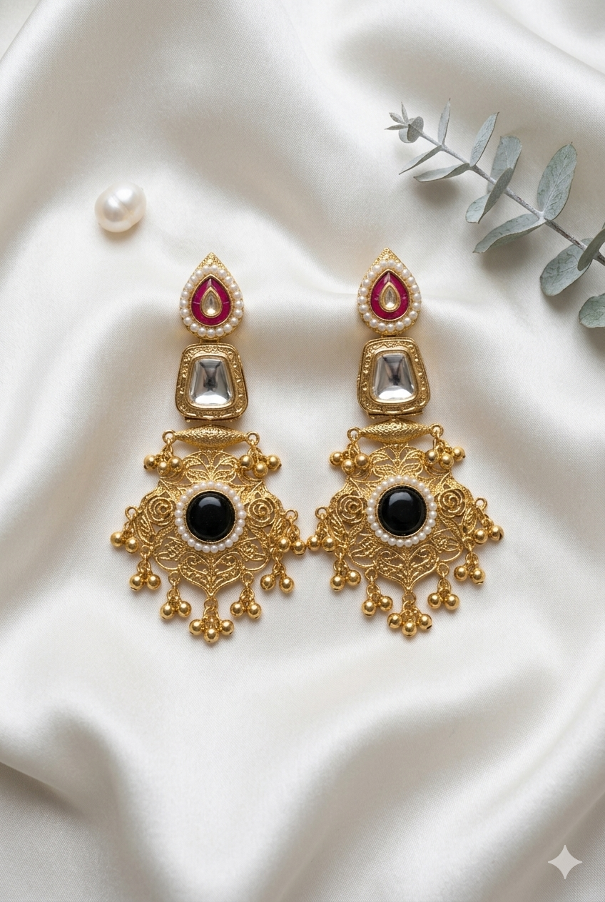 Black Stone Kashmiri Earrings with Pearl Detailing and Antique Gold Engraved Finish for Elegant Festive Ethnic Glamour Styling