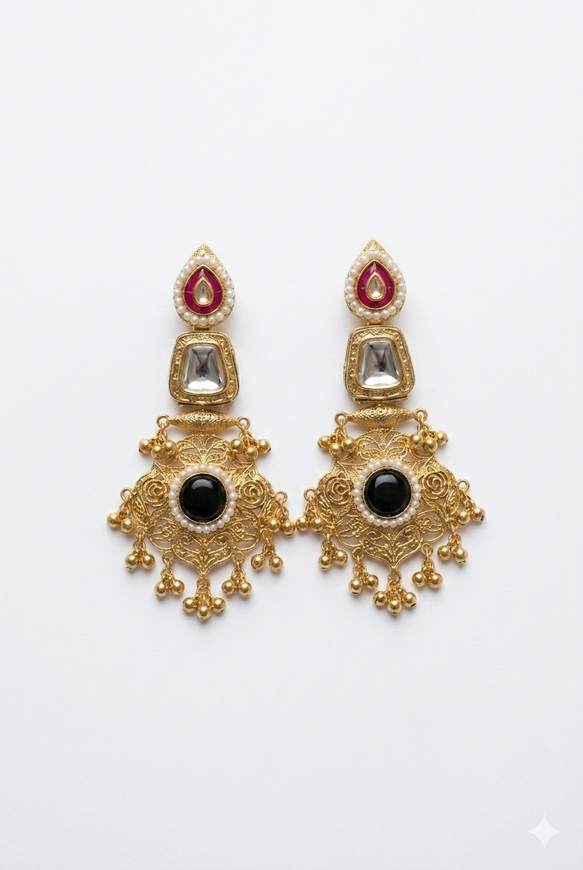 Black Stone Kashmiri Earrings with Pearl Detailing and Antique Gold Engraved Finish for Elegant Festive Ethnic Glamour Styling
