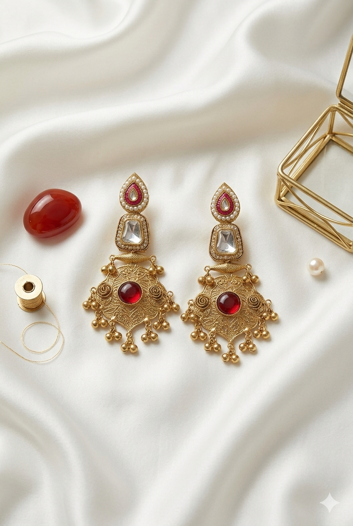 Antique Ruby Stone Kashmiri Earrings with Pearl Embellishments and Engraved Gold Finish for Royal Ethnic Festive Styling