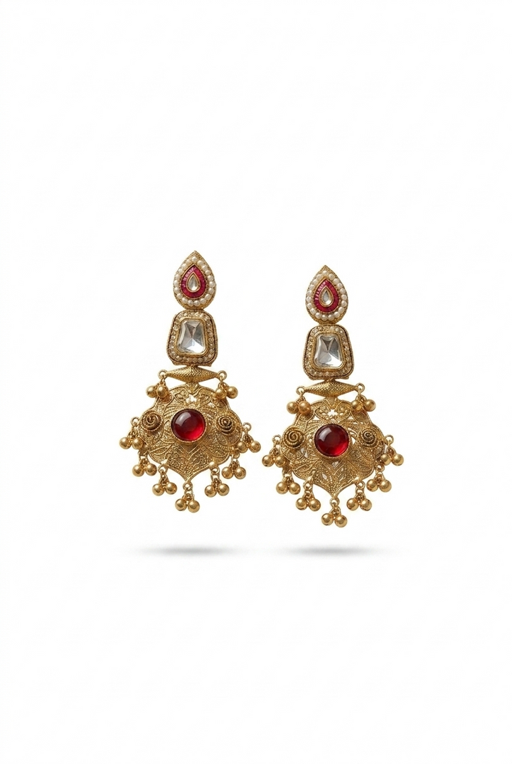 Antique Ruby Stone Kashmiri Earrings with Pearl Embellishments and Engraved Gold Finish for Royal Ethnic Festive Styling