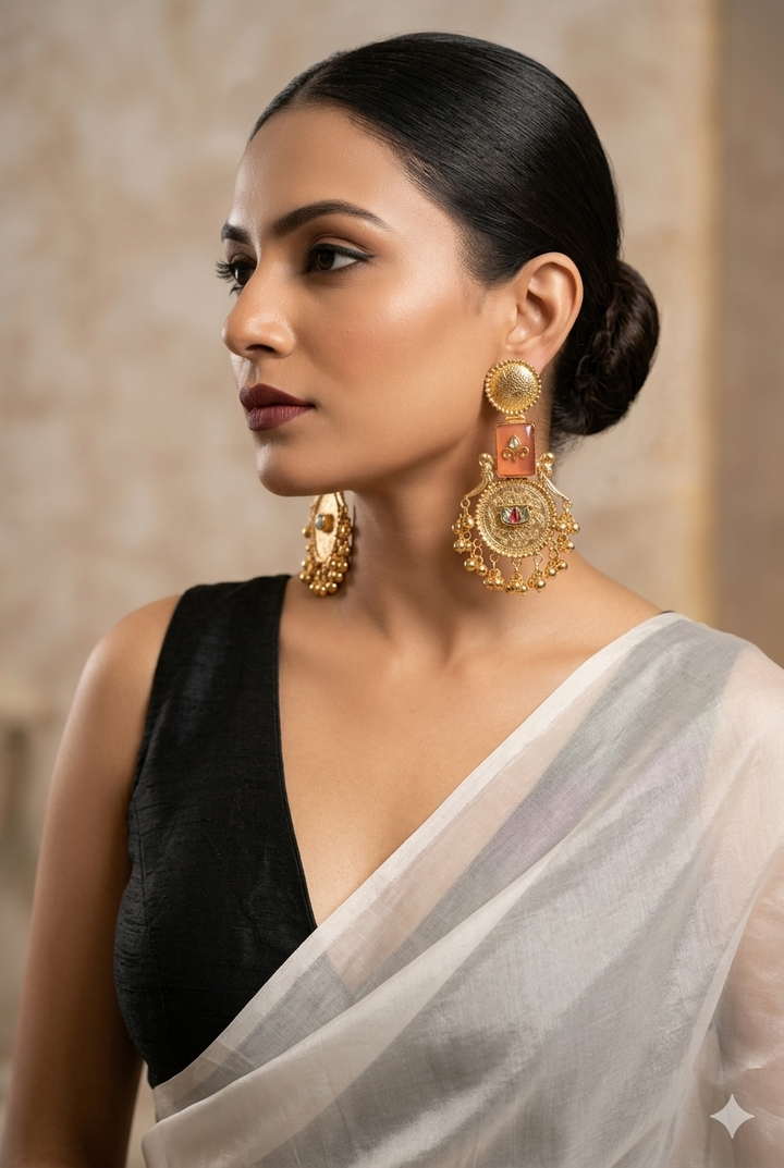 Peach and Gold Kashmiri Earrings with Intricate Engraving and Traditional Dangling Beads for Festive Ethnic Elegance Styling