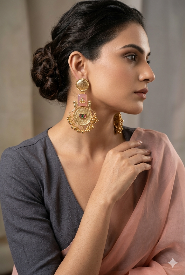 Blush Pink Kashmiri Earrings with Antique Gold Engraving and Multicolor Stone Detailing for Festive Traditional Ethnic Styling Elegance