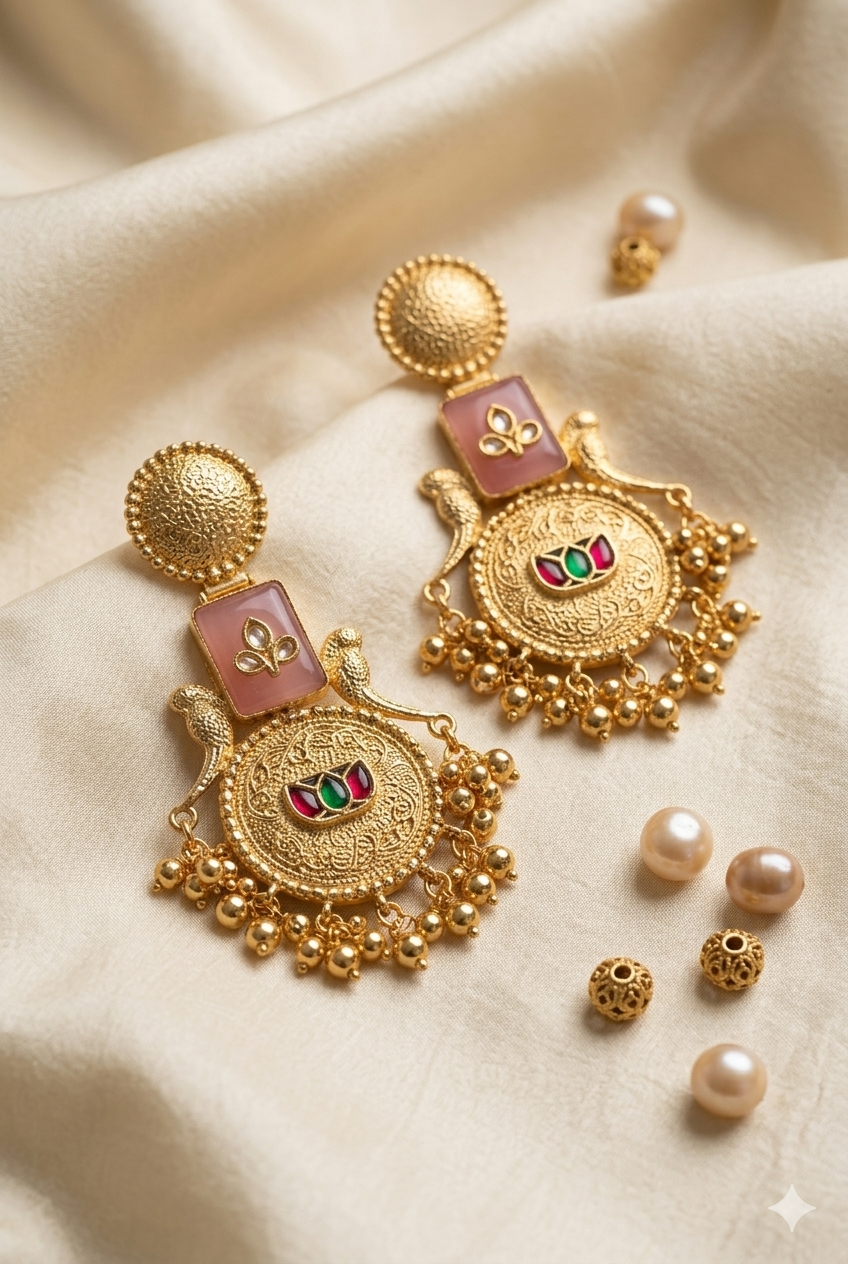 Blush Pink Kashmiri Earrings with Antique Gold Engraving and Multicolor Stone Detailing for Festive Traditional Ethnic Styling Elegance