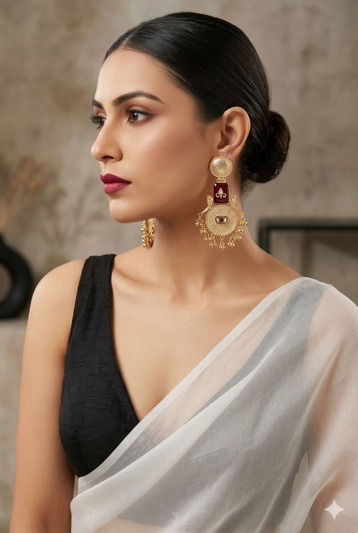 Maroon Stone Kashmiri Earrings with Antique Gold Engraving and Dangling Beads for Royal Festive Ethnic Statement Styling Elegance