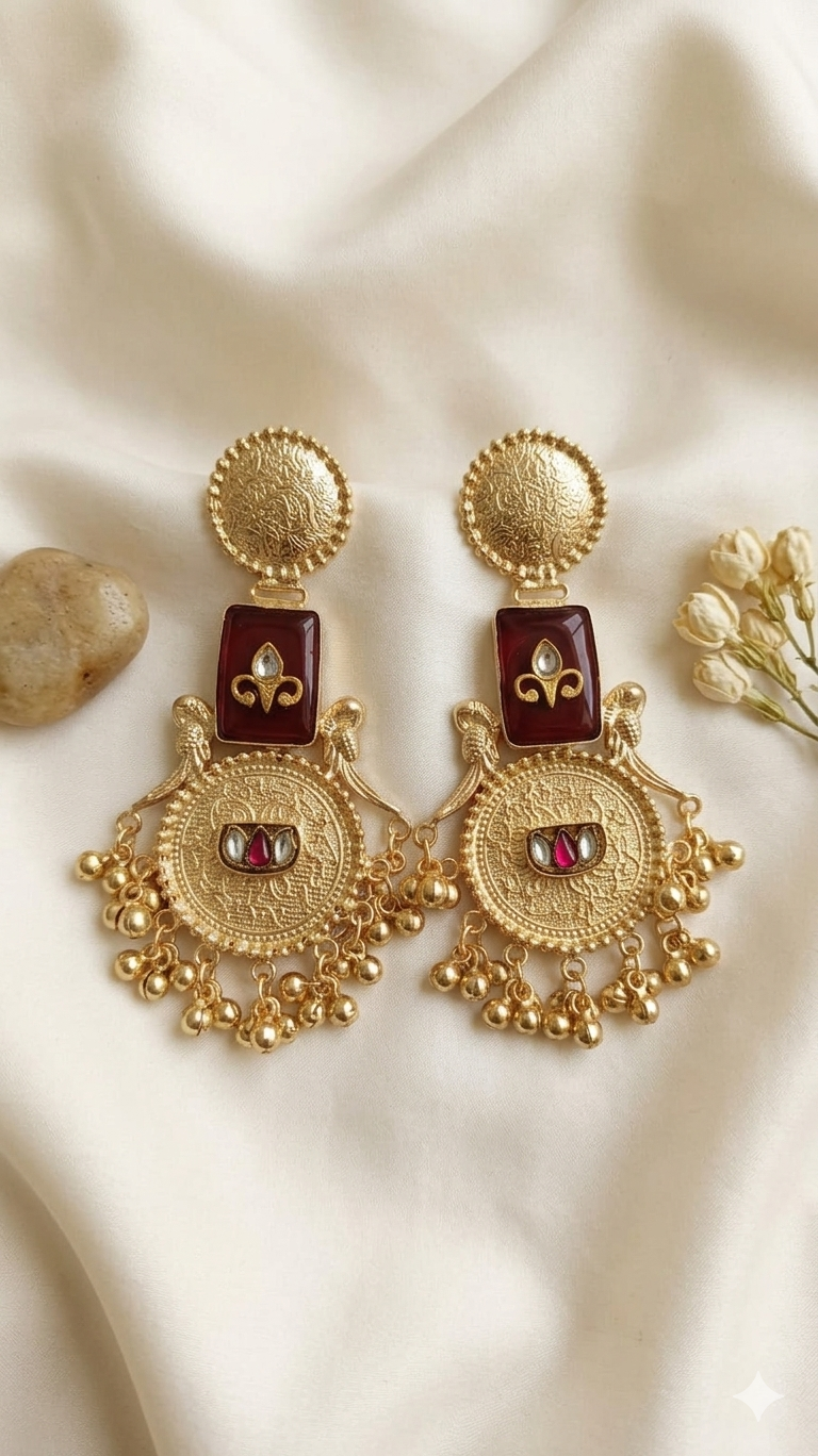 Maroon Stone Kashmiri Earrings with Antique Gold Engraving and Dangling Beads for Royal Festive Ethnic Statement Styling Elegance