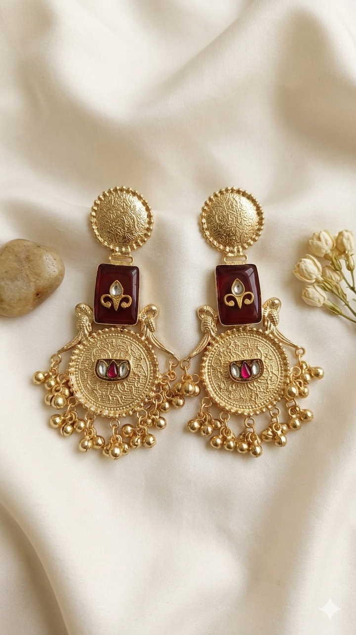Maroon Stone Kashmiri Earrings with Antique Gold Engraving and Dangling Beads for Royal Festive Ethnic Statement Styling Elegance