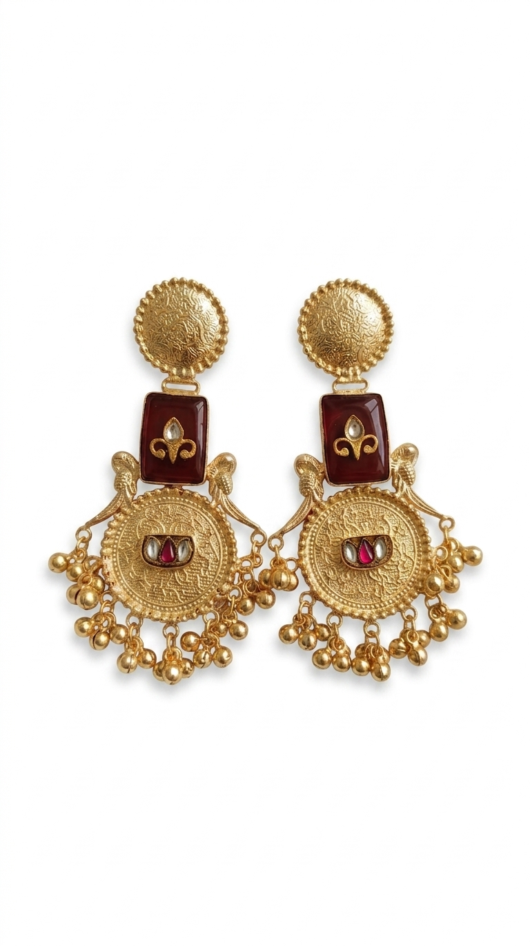 Maroon Stone Kashmiri Earrings with Antique Gold Engraving and Dangling Beads for Royal Festive Ethnic Statement Styling Elegance