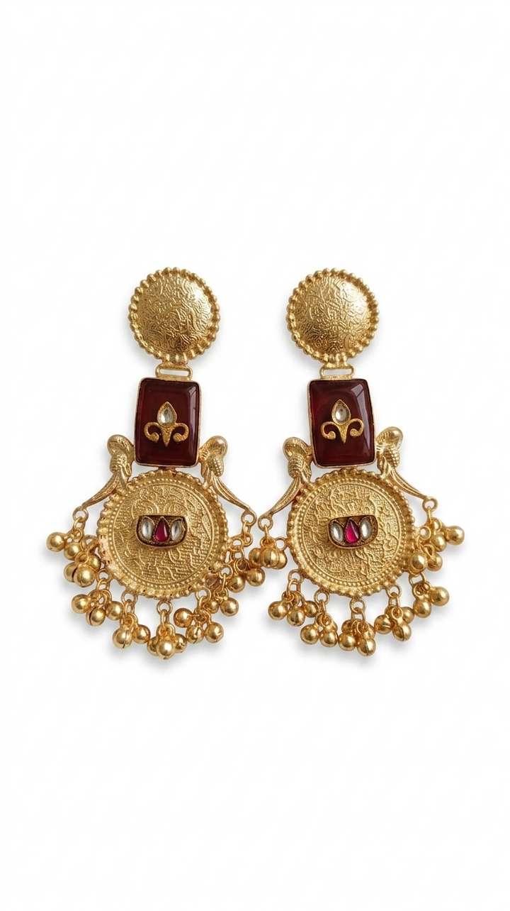 Maroon Stone Kashmiri Earrings with Antique Gold Engraving and Dangling Beads for Royal Festive Ethnic Statement Styling Elegance