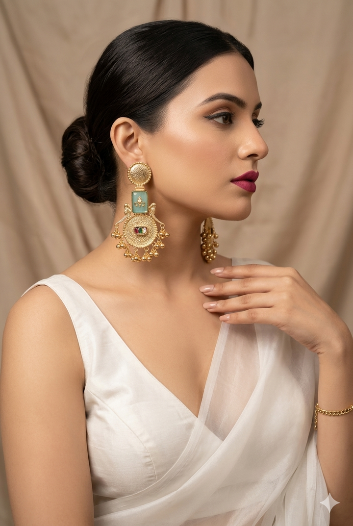 Mint Green Kashmiri Earrings with Antique Gold Medallion Design and Dangling Beads for Festive Ethnic Statement Styling Elegance