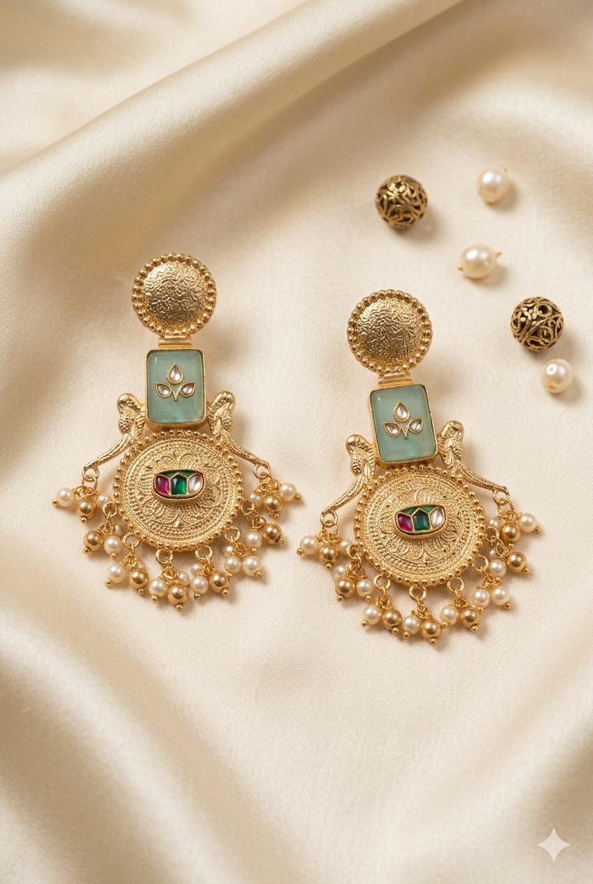Mint Green Kashmiri Earrings with Antique Gold Medallion Design and Dangling Beads for Festive Ethnic Statement Styling Elegance