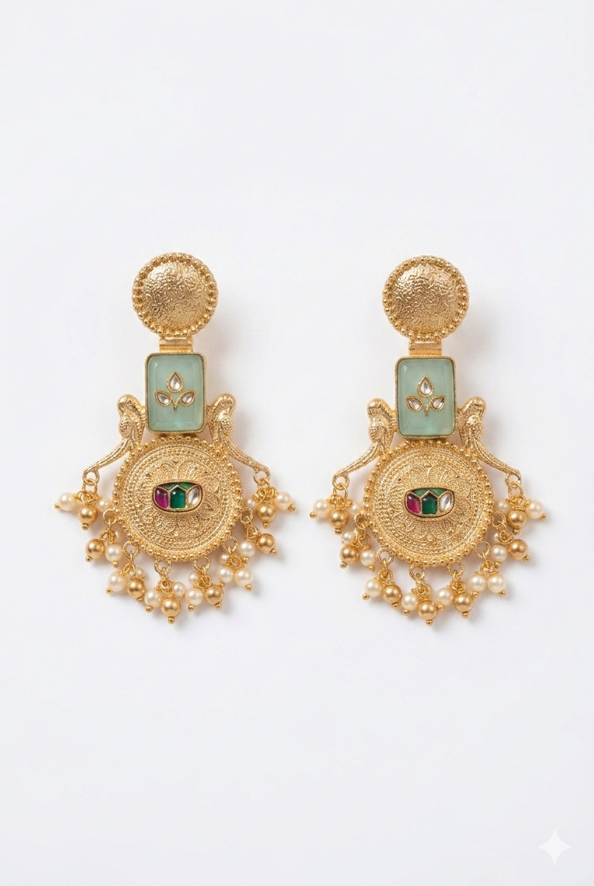 Mint Green Kashmiri Earrings with Antique Gold Medallion Design and Dangling Beads for Festive Ethnic Statement Styling Elegance
