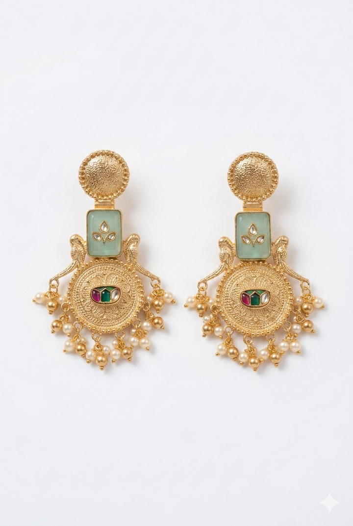 Mint Green Kashmiri Earrings with Antique Gold Medallion Design and Dangling Beads for Festive Ethnic Statement Styling Elegance