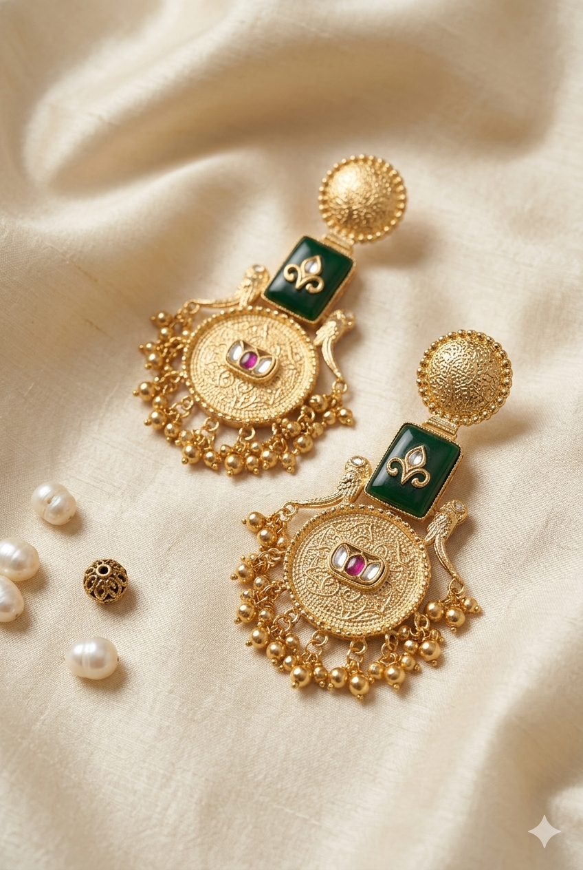 Emerald Green Kashmiri Earrings with Antique Gold Medallion Design and Dangling Beads for Royal Festive Ethnic Elegance Styling