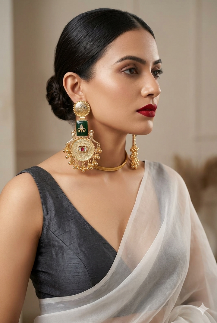 Emerald Green Kashmiri Earrings with Antique Gold Medallion Design and Dangling Beads for Royal Festive Ethnic Elegance Styling