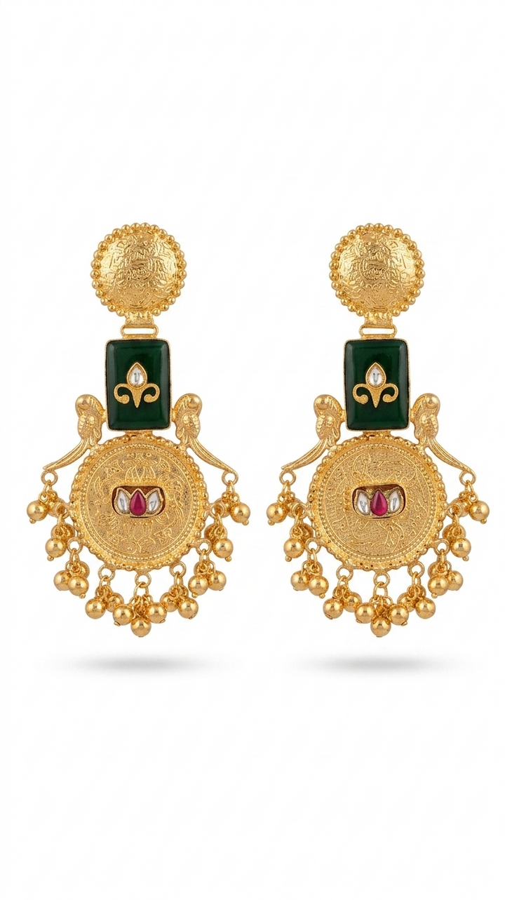 Emerald Green Kashmiri Earrings with Antique Gold Medallion Design and Dangling Beads for Royal Festive Ethnic Elegance Styling