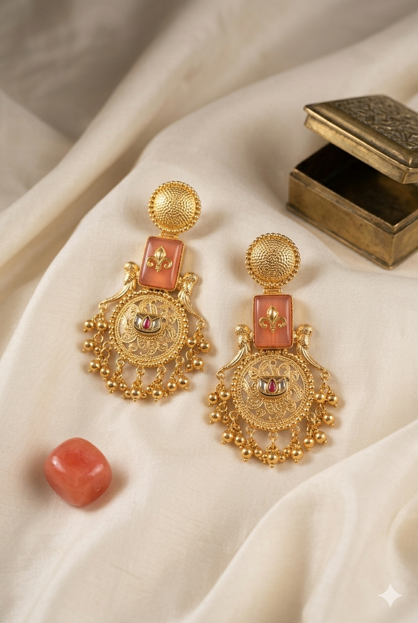 Peach and Gold Kashmiri Earrings with Intricate Engraving and Traditional Dangling Beads for Festive Ethnic Elegance Styling