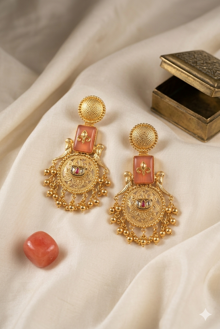Peach and Gold Kashmiri Earrings with Intricate Engraving and Traditional Dangling Beads for Festive Ethnic Elegance Styling