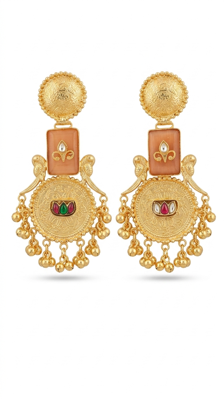 Peach and Gold Kashmiri Earrings with Intricate Engraving and Traditional Dangling Beads for Festive Ethnic Elegance Styling