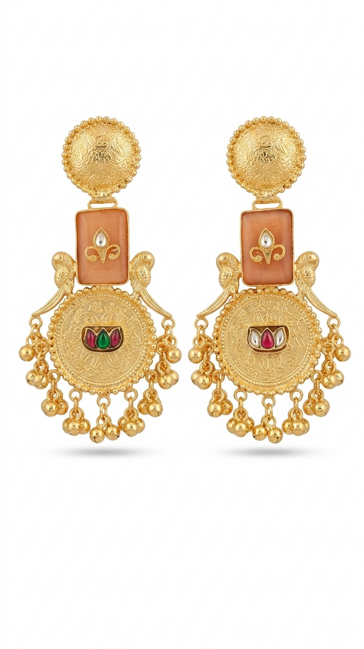 Peach and Gold Kashmiri Earrings with Intricate Engraving and Traditional Dangling Beads for Festive Ethnic Elegance Styling