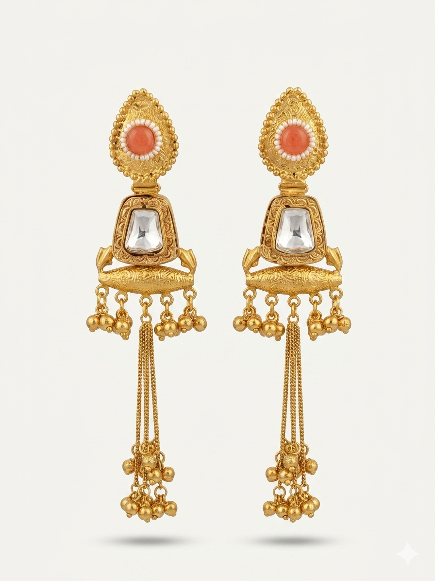 Elegant Blush Stone Kashmiri Earrings with Long Chain Tassels, Antique Gold Finish and Traditional Ethnic Statement Party Wear Design