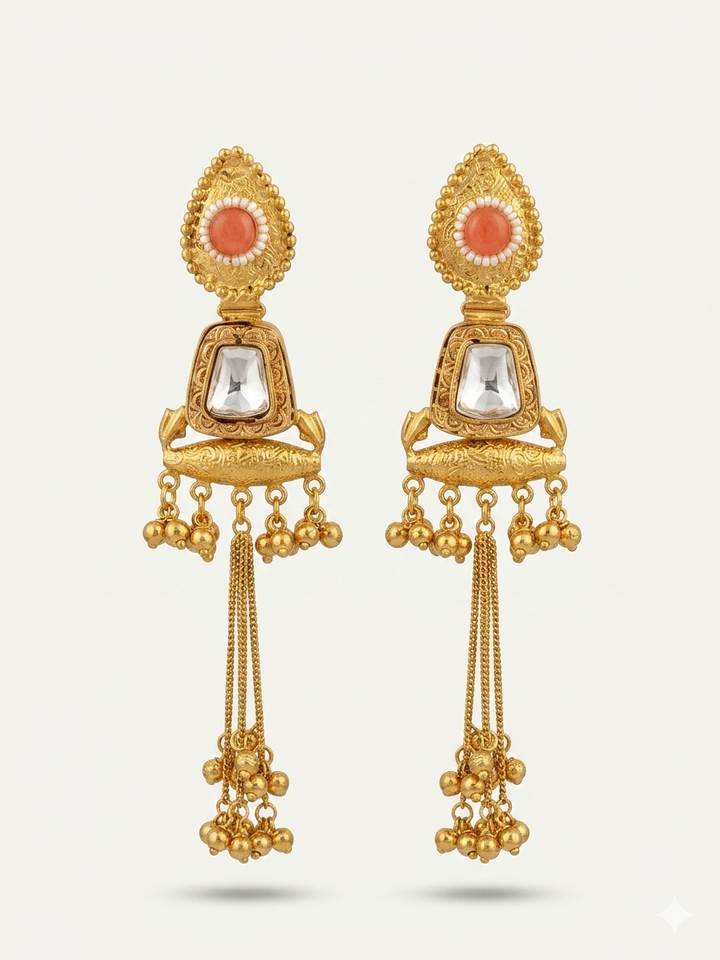 Elegant Blush Stone Kashmiri Earrings with Long Chain Tassels, Antique Gold Finish and Traditional Ethnic Statement Party Wear Design