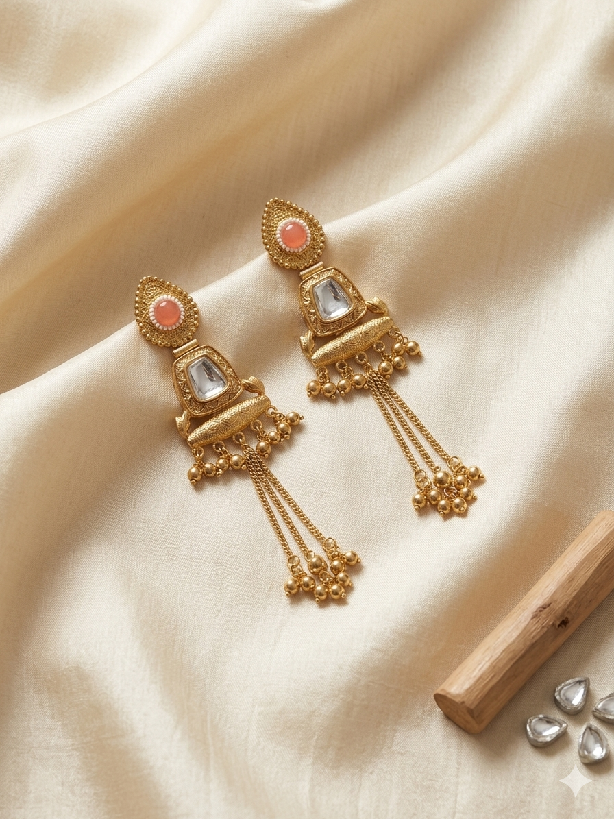 Elegant Blush Stone Kashmiri Earrings with Long Chain Tassels, Antique Gold Finish and Traditional Ethnic Statement Party Wear Design