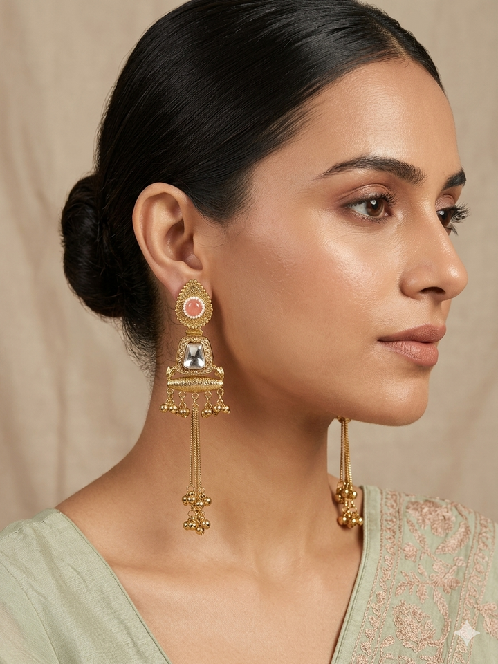 Elegant Blush Stone Kashmiri Earrings with Long Chain Tassels, Antique Gold Finish and Traditional Ethnic Statement Party Wear Design