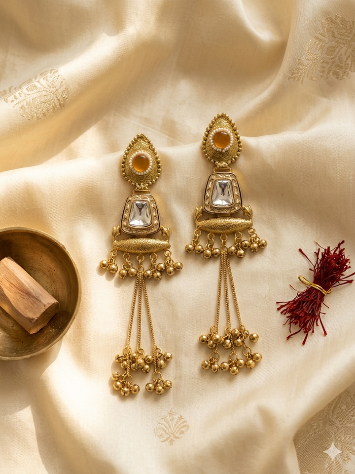 Royal Peach Stone Kashmiri Earrings with Long Tassel Chains, Antique Gold Finish and Traditional Festive Statement Ethnic Jewelry