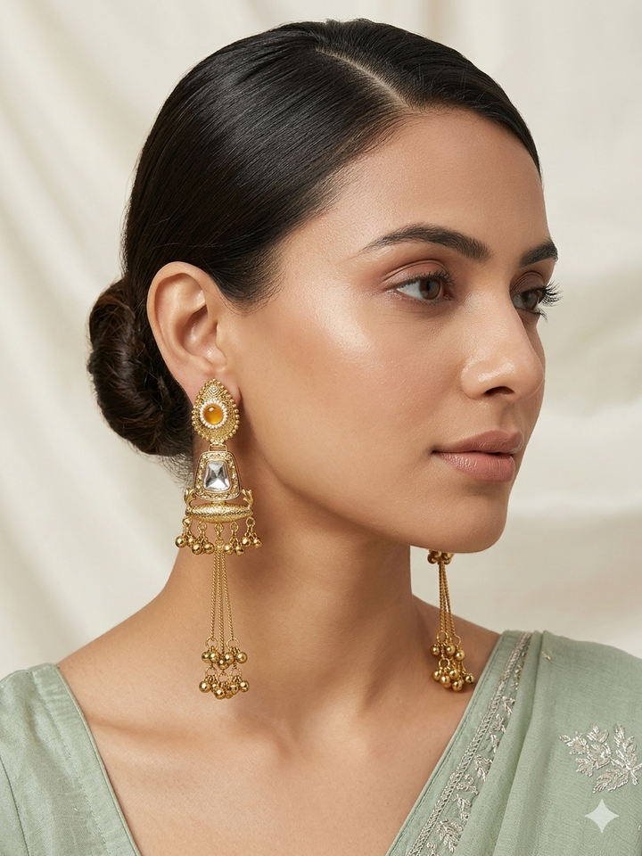 Royal Peach Stone Kashmiri Earrings with Long Tassel Chains, Antique Gold Finish and Traditional Festive Statement Ethnic Jewelry