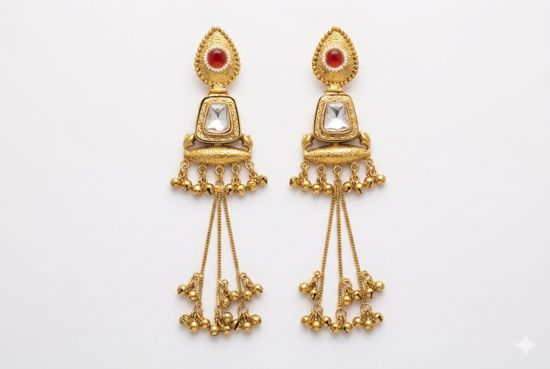 Royal Peach Stone Kashmiri Earrings with Long Tassel Chains, Antique Gold Finish and Traditional Festive Statement Ethnic Jewelry