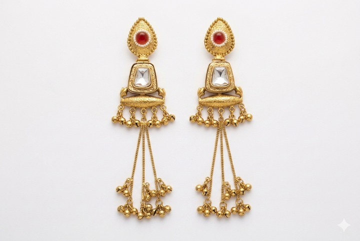 Royal Peach Stone Kashmiri Earrings with Long Tassel Chains, Antique Gold Finish and Traditional Festive Statement Ethnic Jewelry