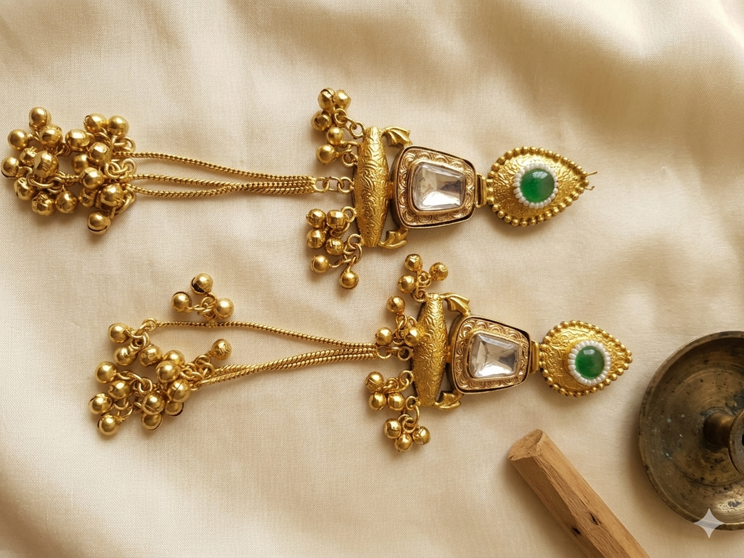 Emerald Stone Kashmiri Earrings with Antique Gold Tassel Chains and Traditional Pearl Detailing for Festive Royal Ethnic Elegance