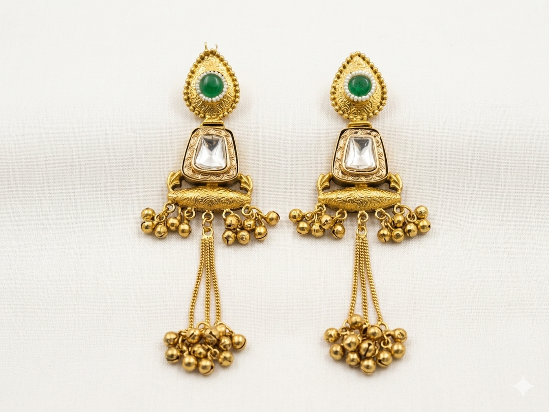 Emerald Stone Kashmiri Earrings with Antique Gold Tassel Chains and Traditional Pearl Detailing for Festive Royal Ethnic Elegance