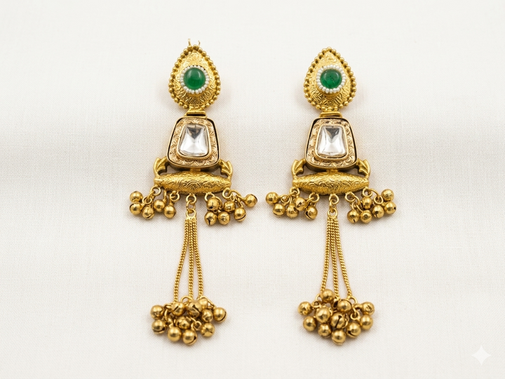 Emerald Stone Kashmiri Earrings with Antique Gold Tassel Chains and Traditional Pearl Detailing for Festive Royal Ethnic Elegance