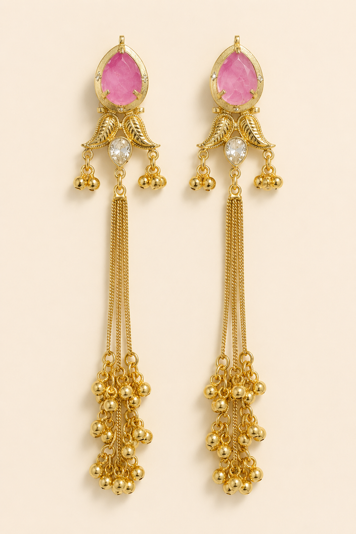 Pink Stone Long Chain Earrings