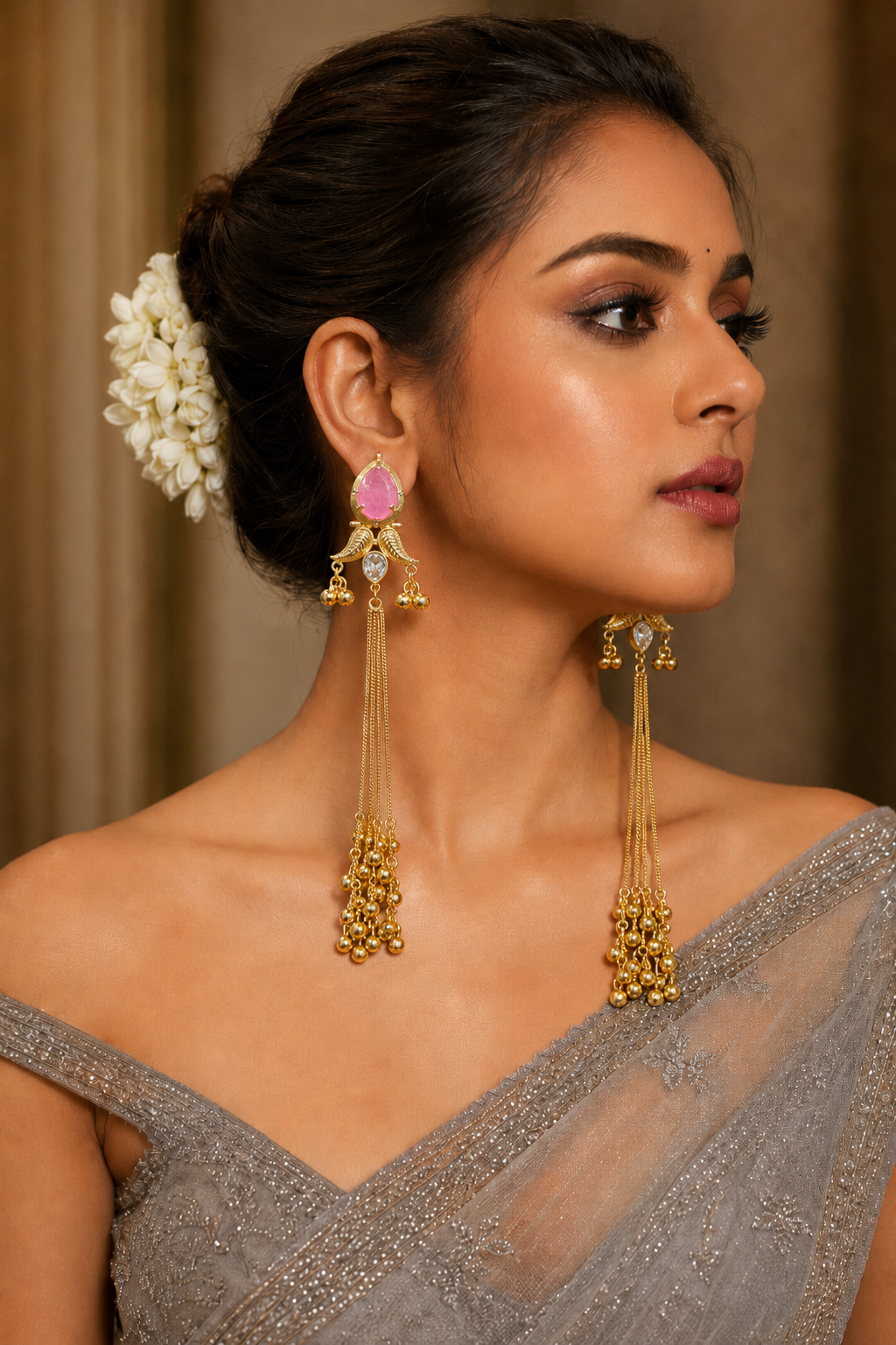 Pink Stone Long Chain Earrings