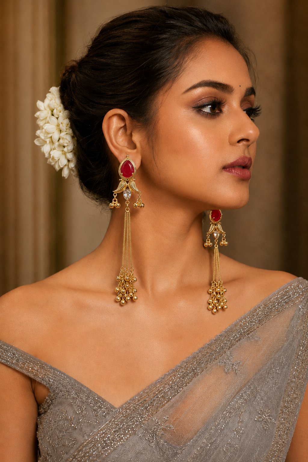 Ruby Gold Long Tassel Earrings