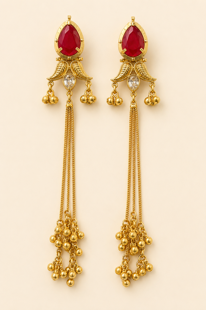 Ruby Gold Long Tassel Earrings
