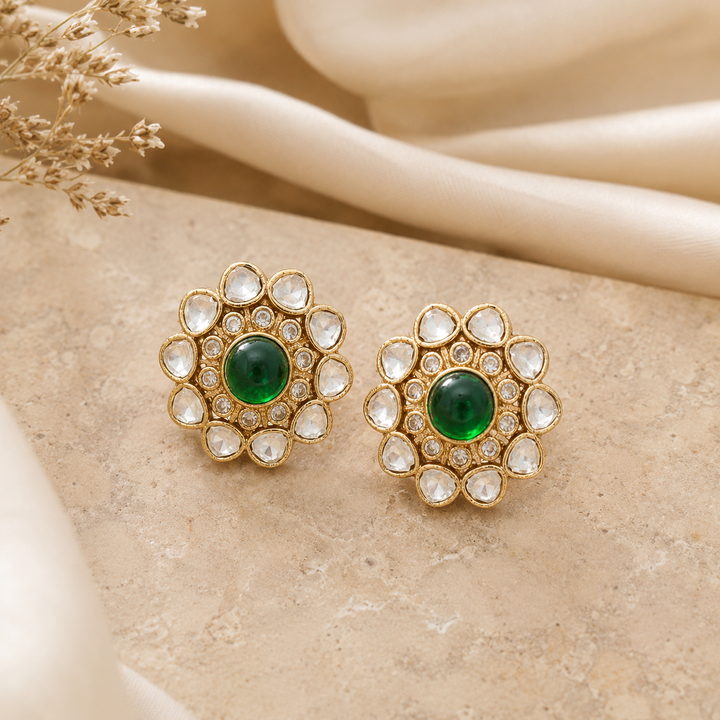 Emerald Round Polki Studs