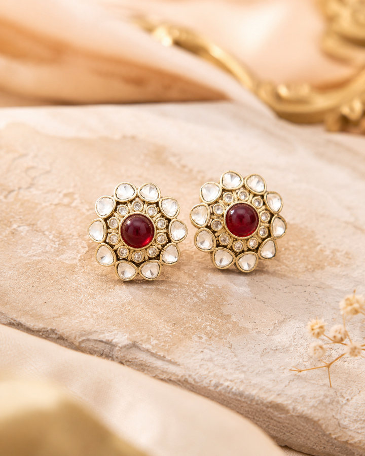 Ruby Red Round Polki Studs