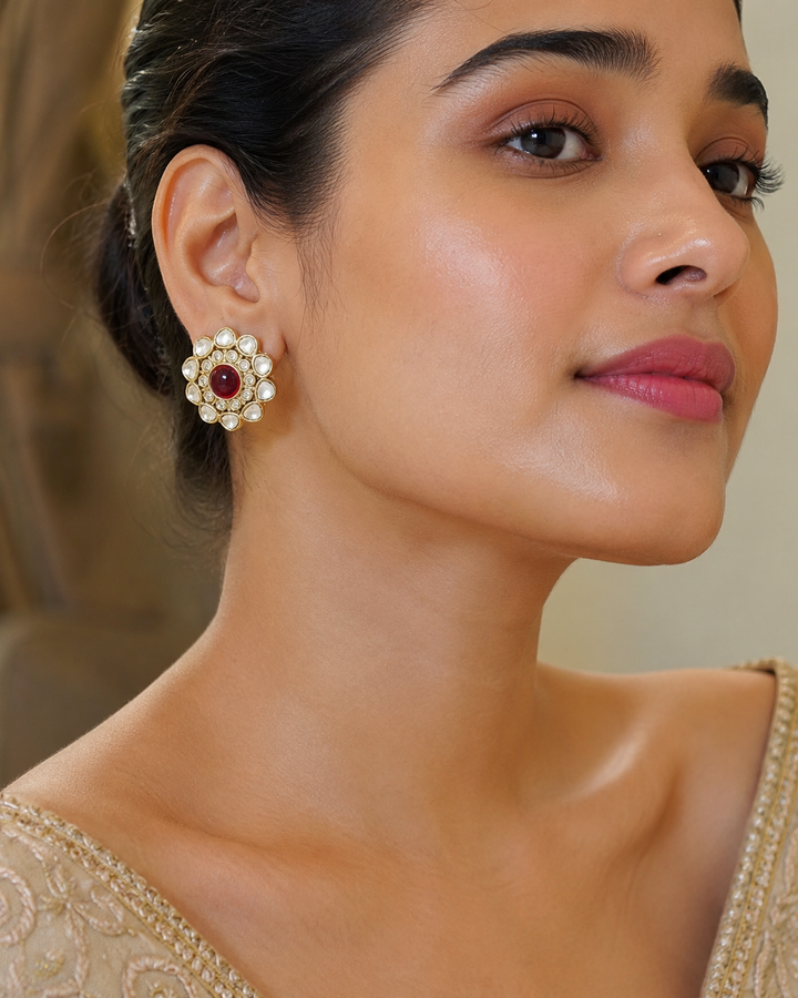 Ruby Red Round Polki Studs