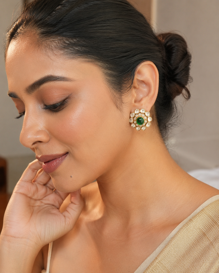 Emerald Round Polki Studs