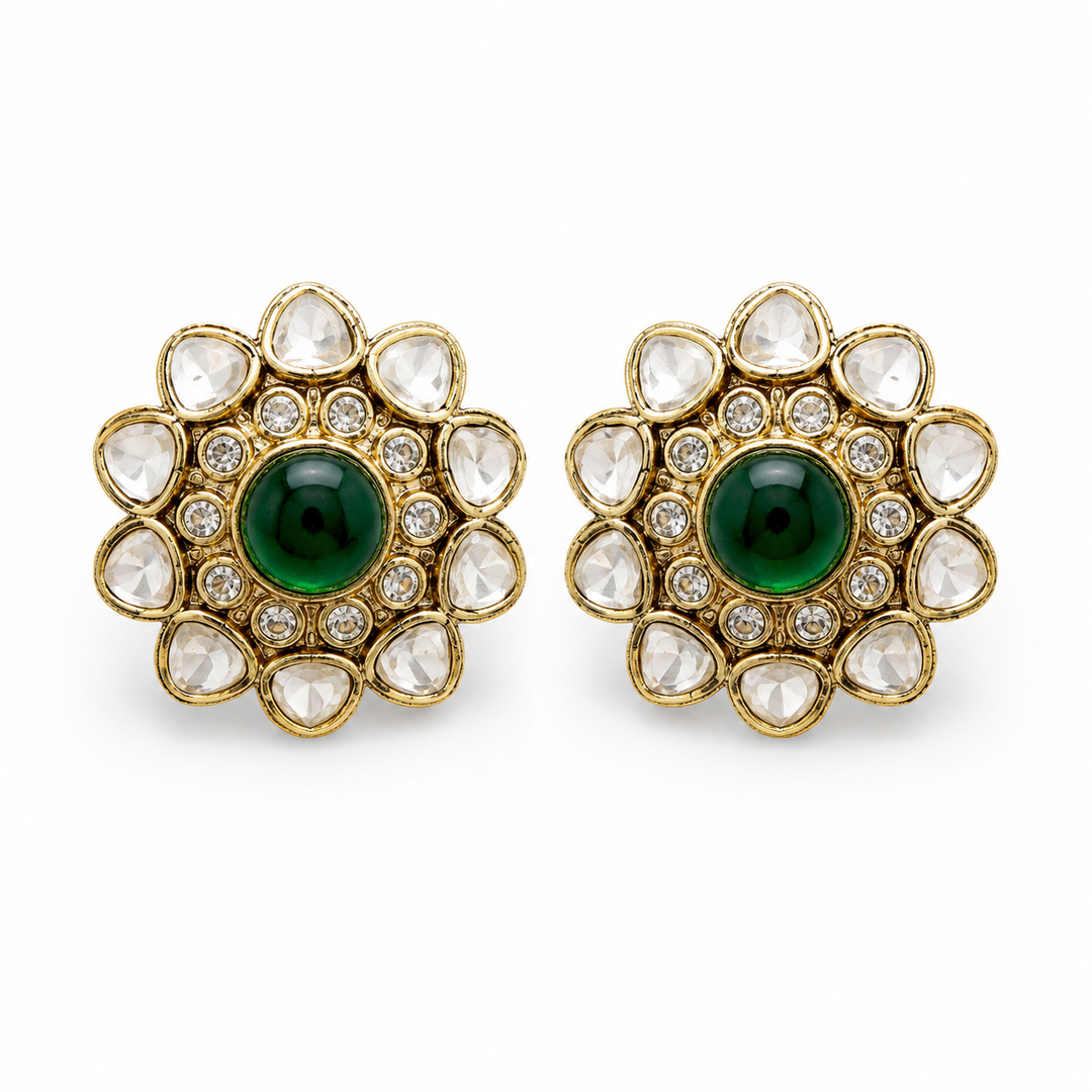 Emerald Round Polki Studs