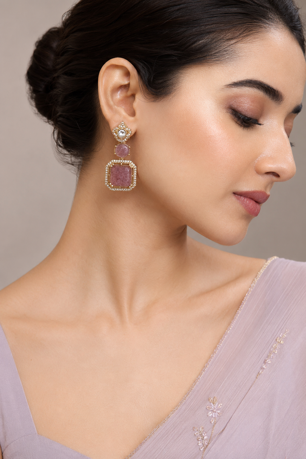 Mauve Polki Drop Earrings
