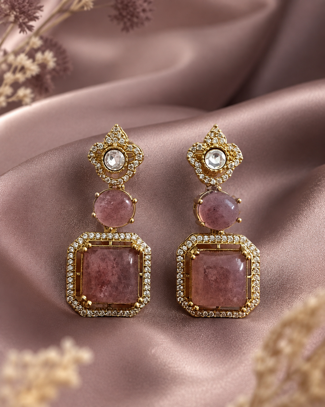 Mauve Polki Drop Earrings