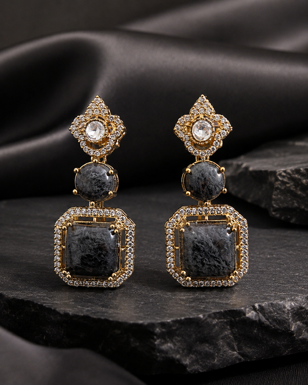Charcoal Polki Drop Earrings