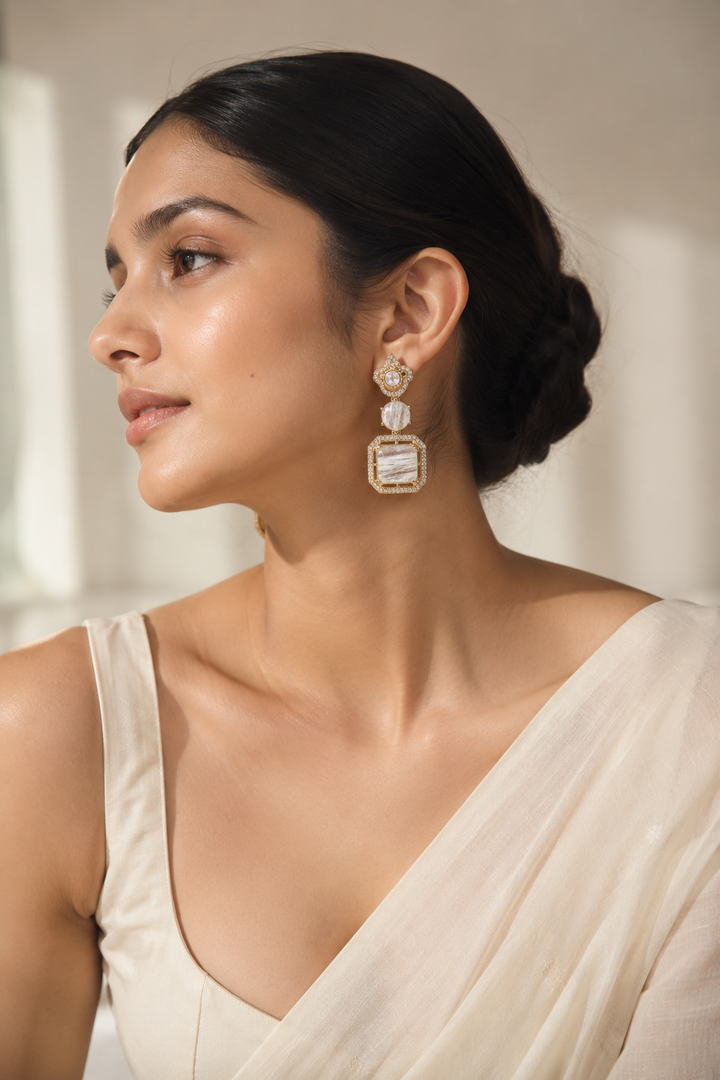 White Polki Drop Earrings